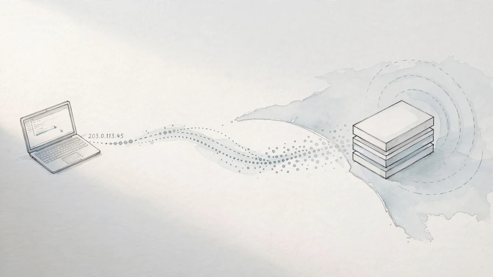 Depict a web request reaching an analytics server, where a temporary visitor signal and broad region emerge while the raw address fades before the storage layer.