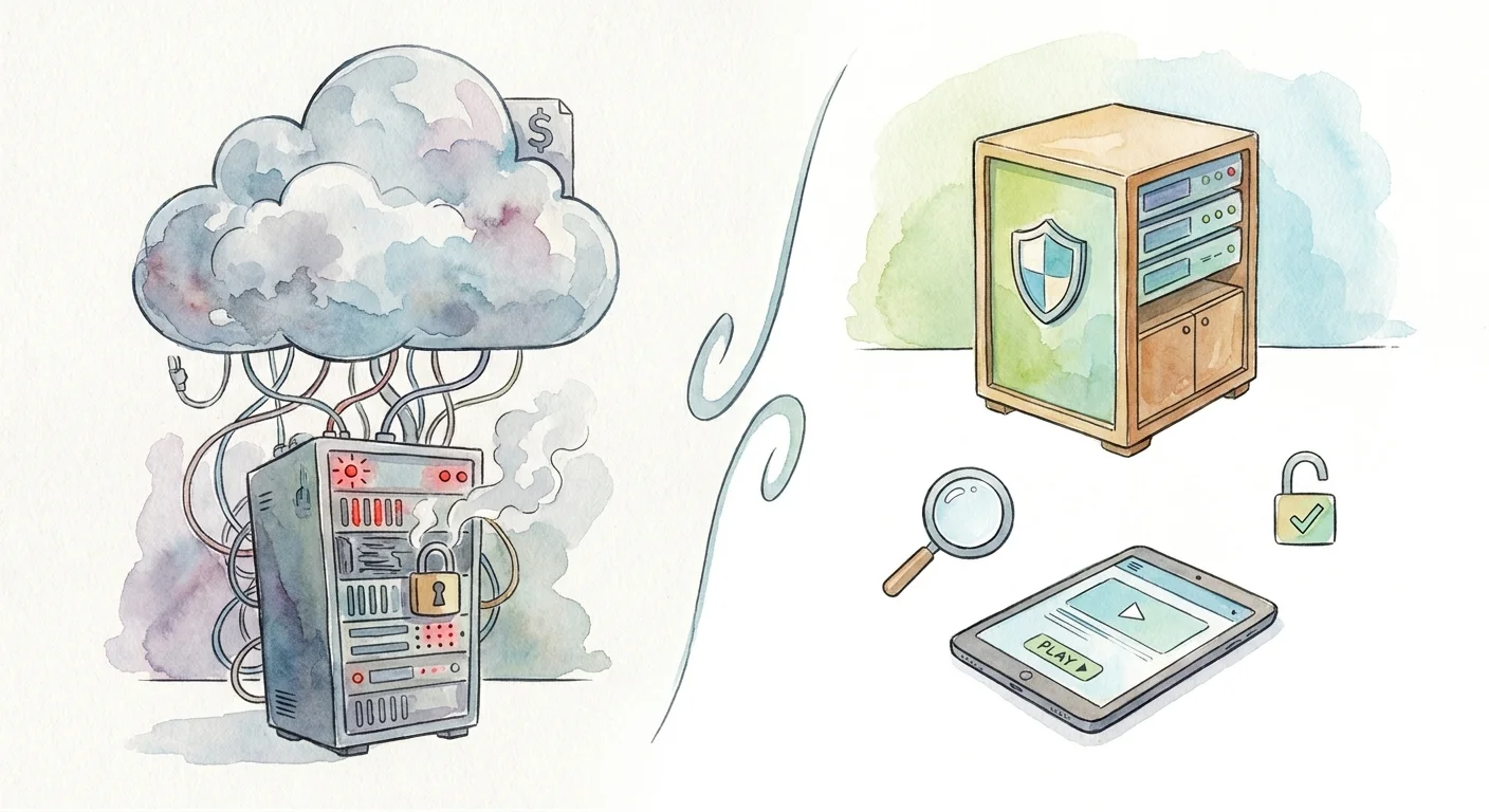 A split-screen visualization comparing a heavy, expensive cloud server on one side with a clean, secure self-hosted server on the other.