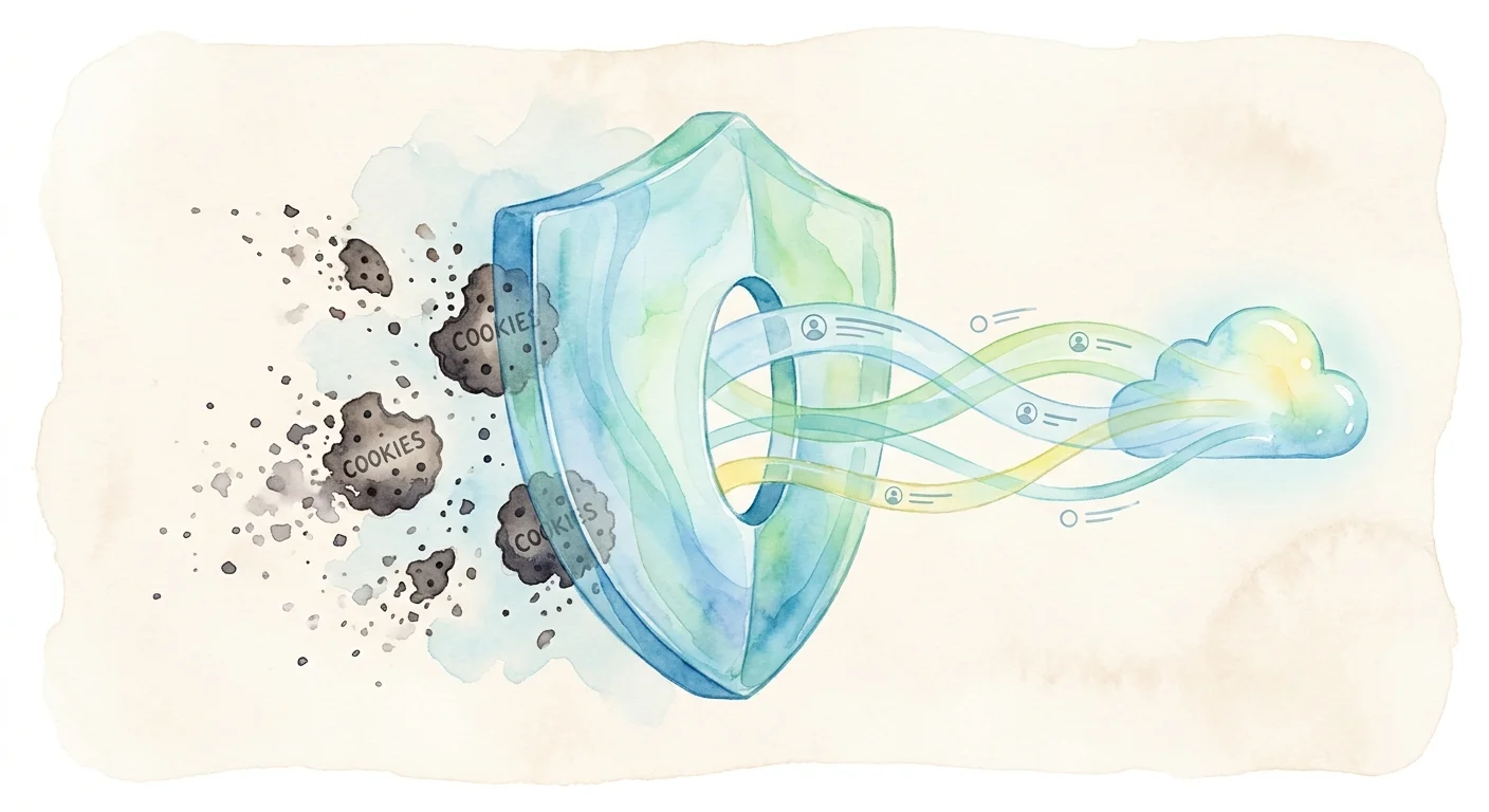 A digital privacy shield blocking browser cookies while allowing anonymous user data streams to pass through safely.