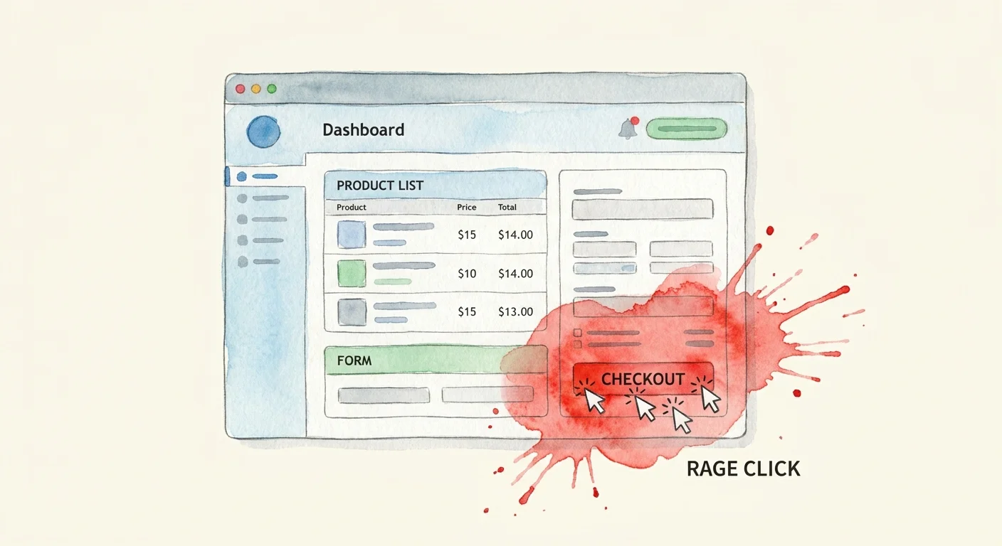A UI dashboard graphic highlighting a 'rage click' zone in bright red over a checkout button to represent automated frustration detection.