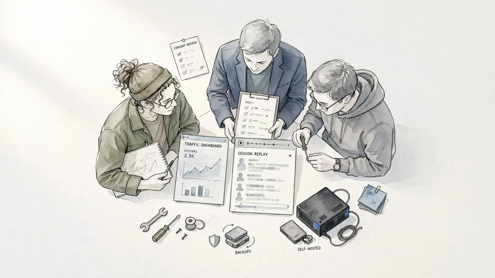A wide editorial scene showing a content creator, an agency marketer, and a developer comparing a traffic dashboard, a session replay, and a self-hosted server, with visual cues for privacy, maintenance, and data ownership; no readable text.