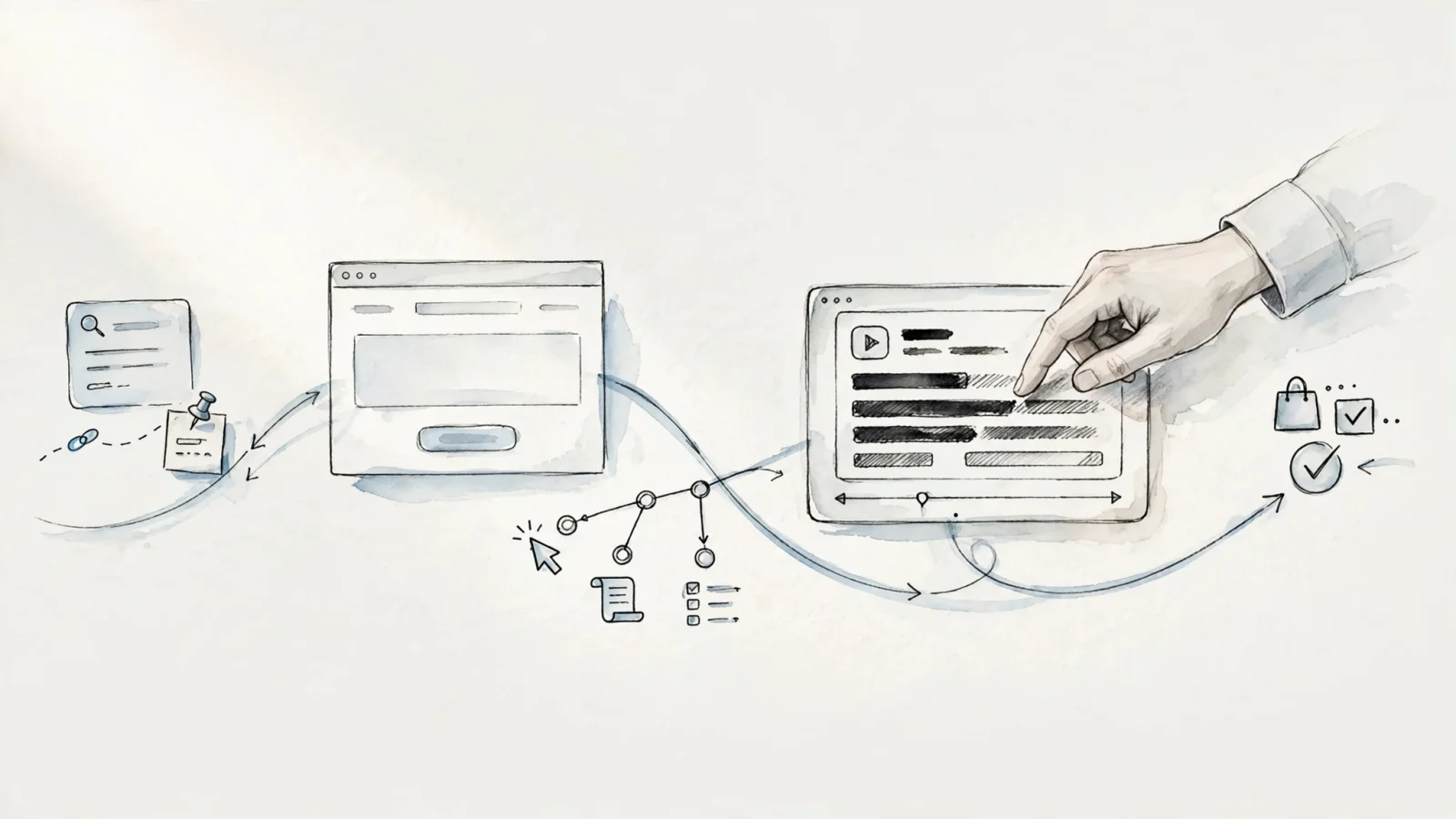 A wide layered scene tracing a visitor from a search result or campaign link through a landing page, event funnel, session replay, and conversion, while an analyst masks personal details; no readable text.