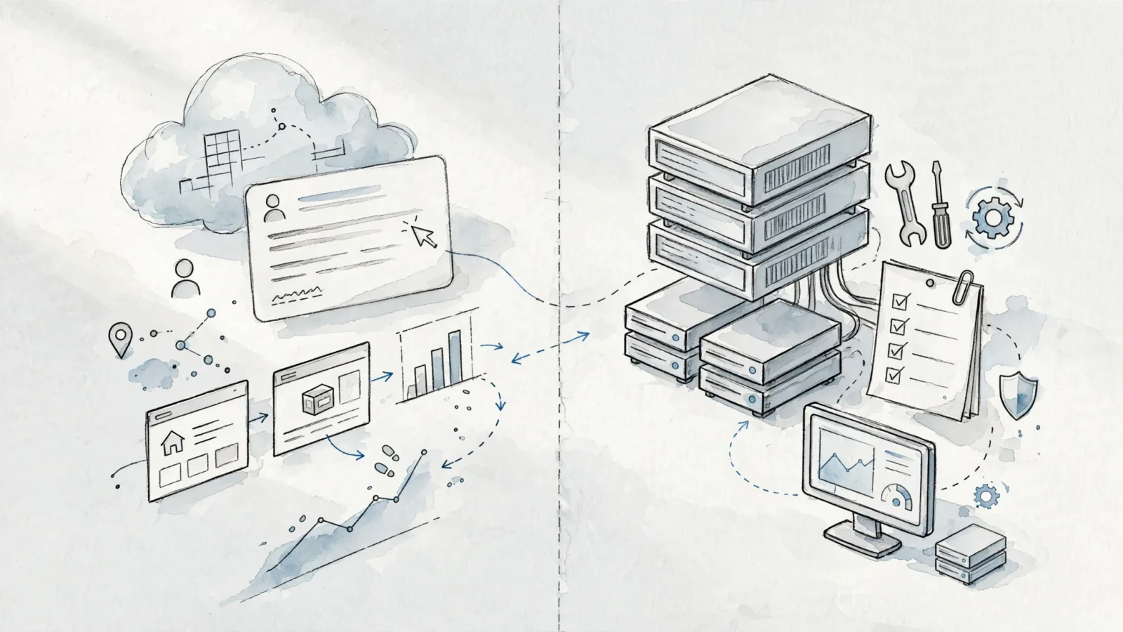 A wide editorial cutaway contrasting a vendor-hosted analytics service with a small team’s self-hosted server, showing backups, updates, security checks, and monitoring as practical objects rather than labels; no readable text.