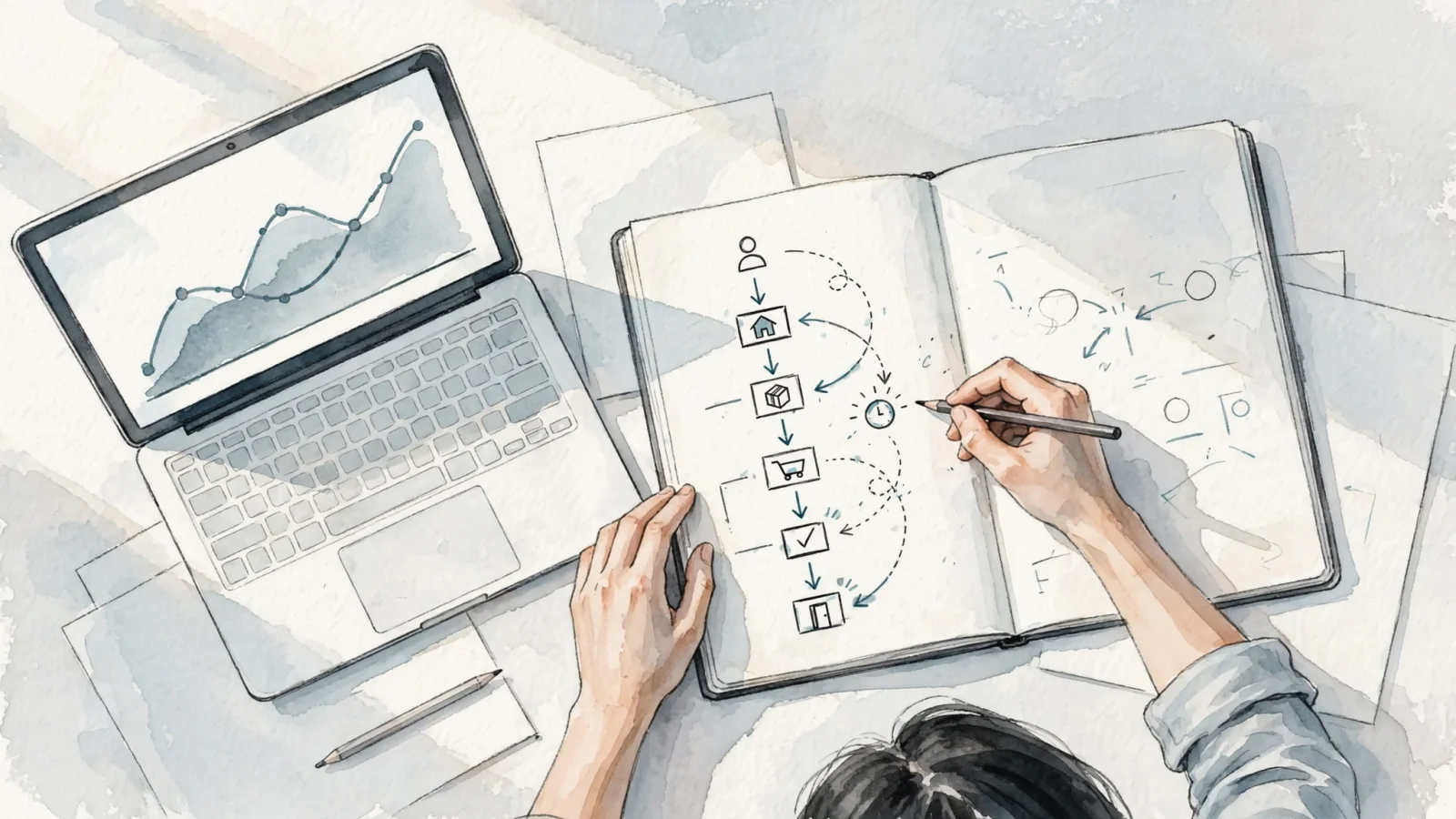 A blogger comparing campaign traffic on a laptop with a visitor journey sketched in a notebook, showing how analytics needs can grow beyond page counts; include no readable text or logos.