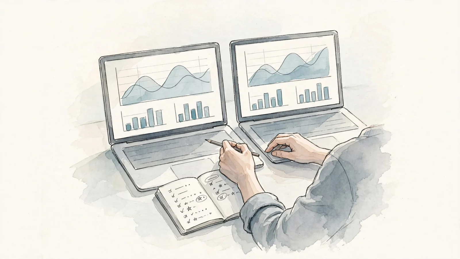 A site operator reviewing Matomo and a new analytics dashboard side by side during a parallel run, checking the same date range and event notes before switching; keep screens free of readable text and logos.