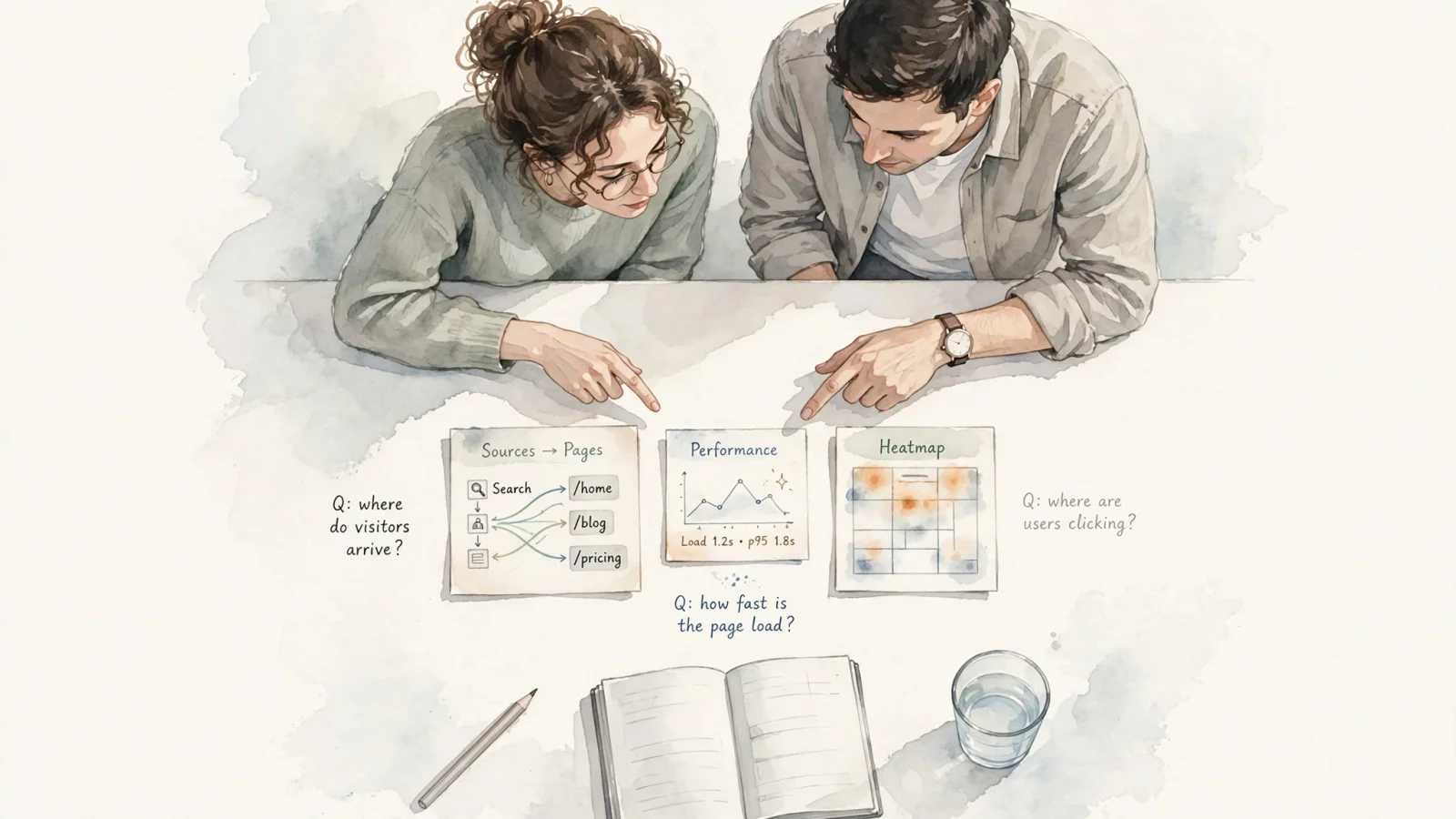 At the opening comparison, a blogger and a marketer look at different website views—referral paths, a performance indicator, and a heatmap—to show that analytics tools answer different questions.