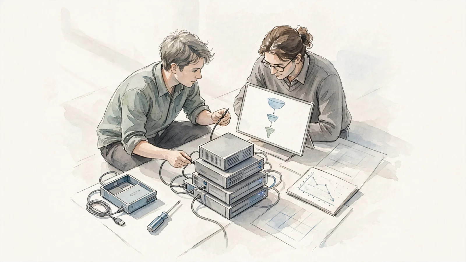 For the Swetrix review, a developer maintains a compact server while a marketer examines an event funnel, showing both the control and upkeep involved in self-hosted analytics.