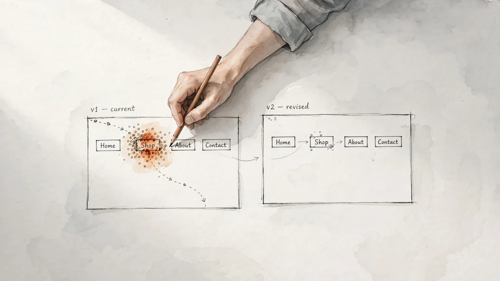 For the Clarity review, a small-business owner traces a visitor’s route through a website and spots a confusing page element, illustrating how behavioral diagnostics can inform a site change.