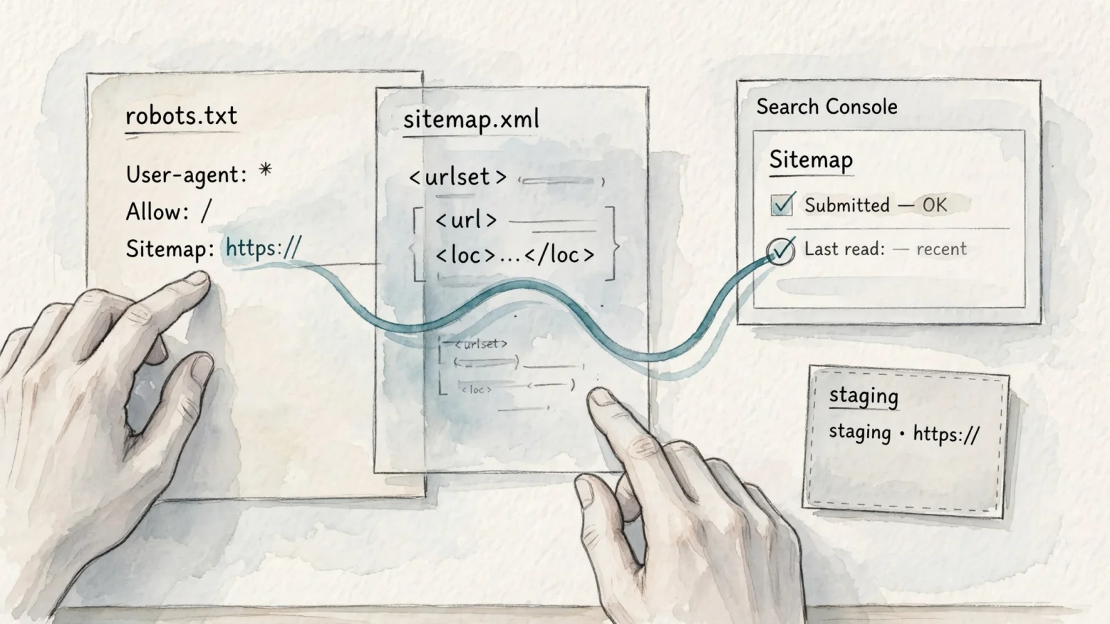 An agency SEO manager traces one sitemap from a production robots file through an XML document into Google Search Console, with a staging hostname visibly set aside.
