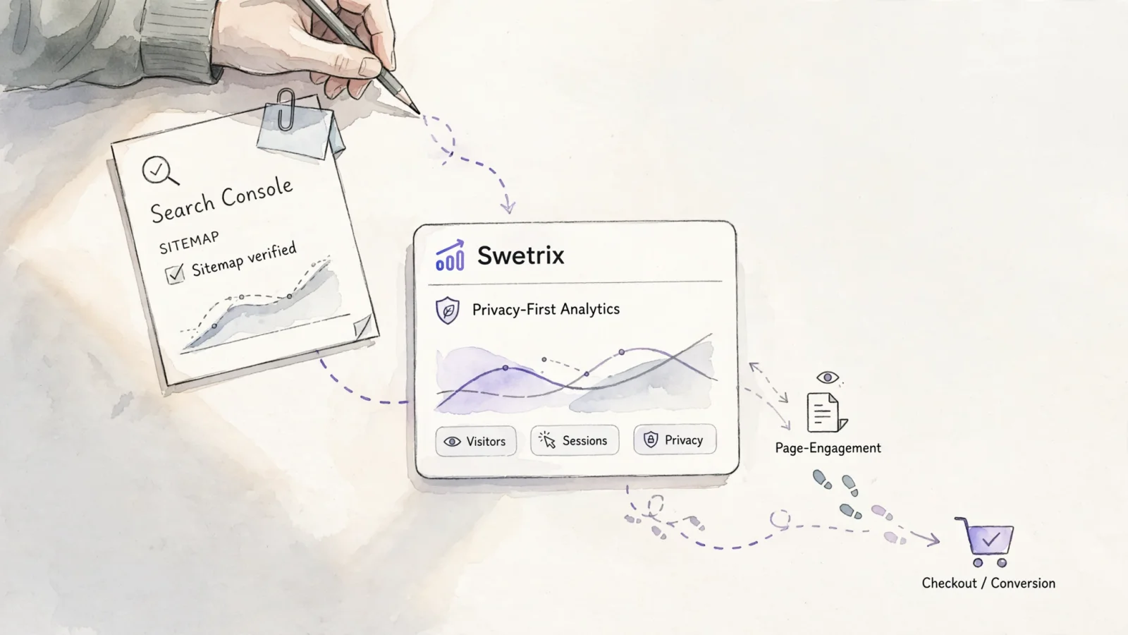 A marketer connects a Google Search Console visibility report to a Swetrix privacy-first analytics dashboard, following search visits through to conversions.