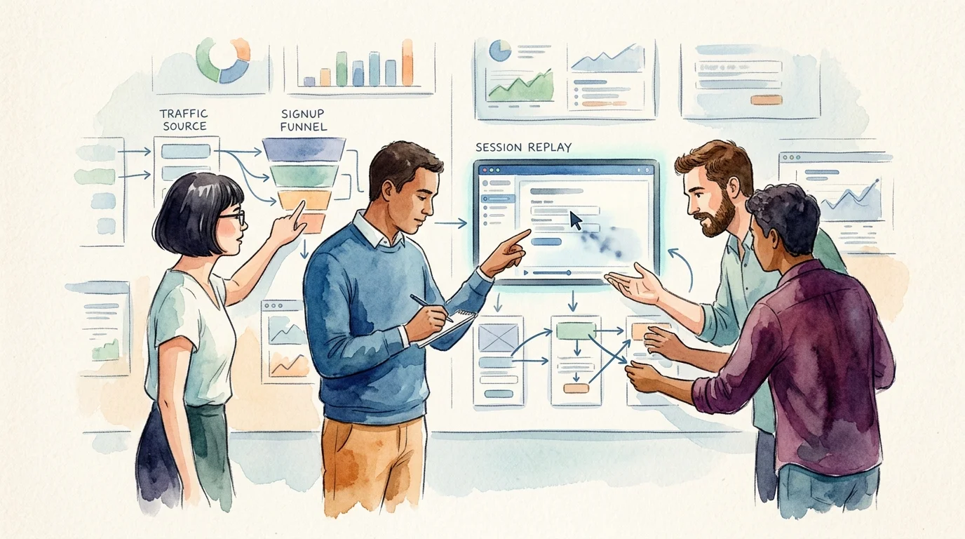 A small product team tracing a signup funnel from traffic source to a masked session replay on a wall of dashboards, showing why behavior analytics can go beyond a click map.