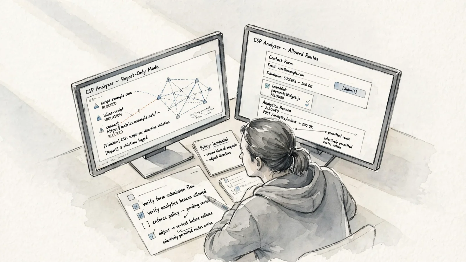 A wide editorial scene shows a developer testing a new policy in report-only mode while browser console alerts, network requests, an analytics beacon, and a form submission appear across two monitors; no text.
