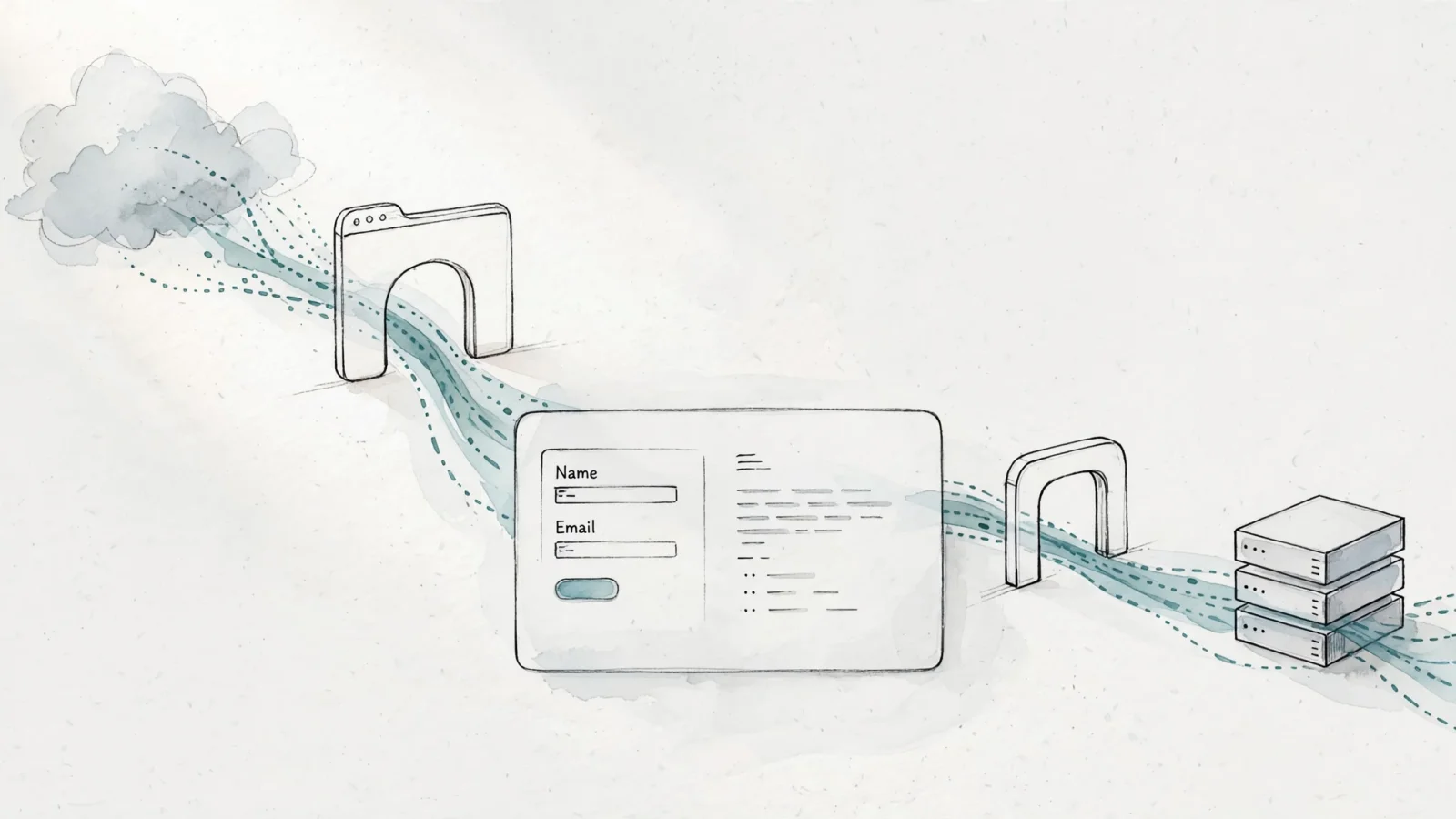 A wide editorial illustration follows one analytics script from a CDN and a separate event request to an API through two distinct browser security gates, with the website still functioning normally; no text.