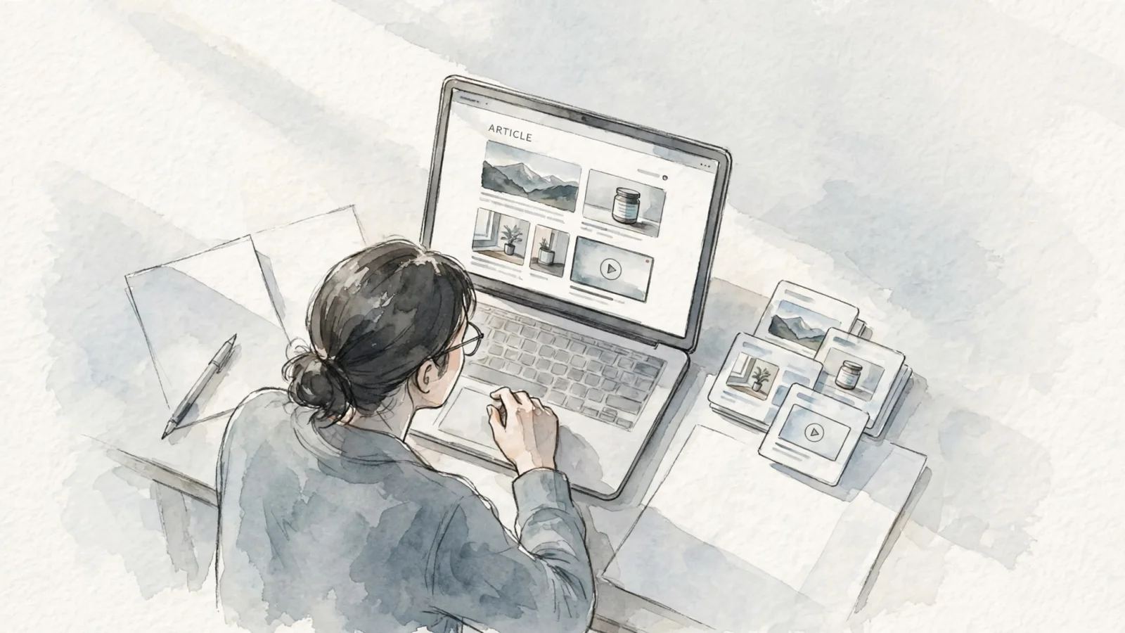 A small-business editor reviewing an image-heavy article on a laptop, with photographs and an embedded video making the many assets behind one webpage tangible.
