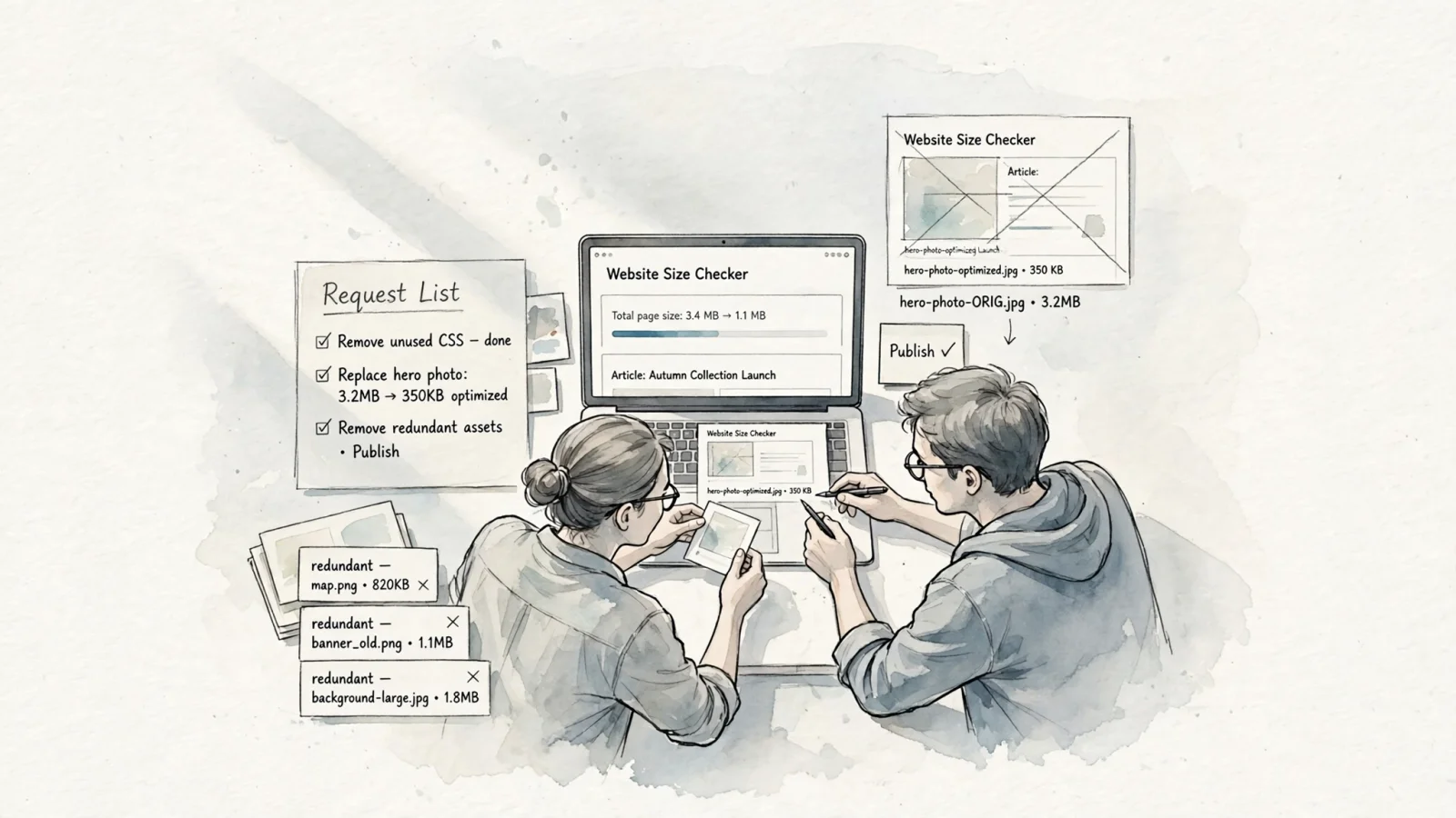 A designer and developer replacing an oversized photo and reviewing unnecessary page assets before publishing, showing practical ways to reduce avoidable weight.