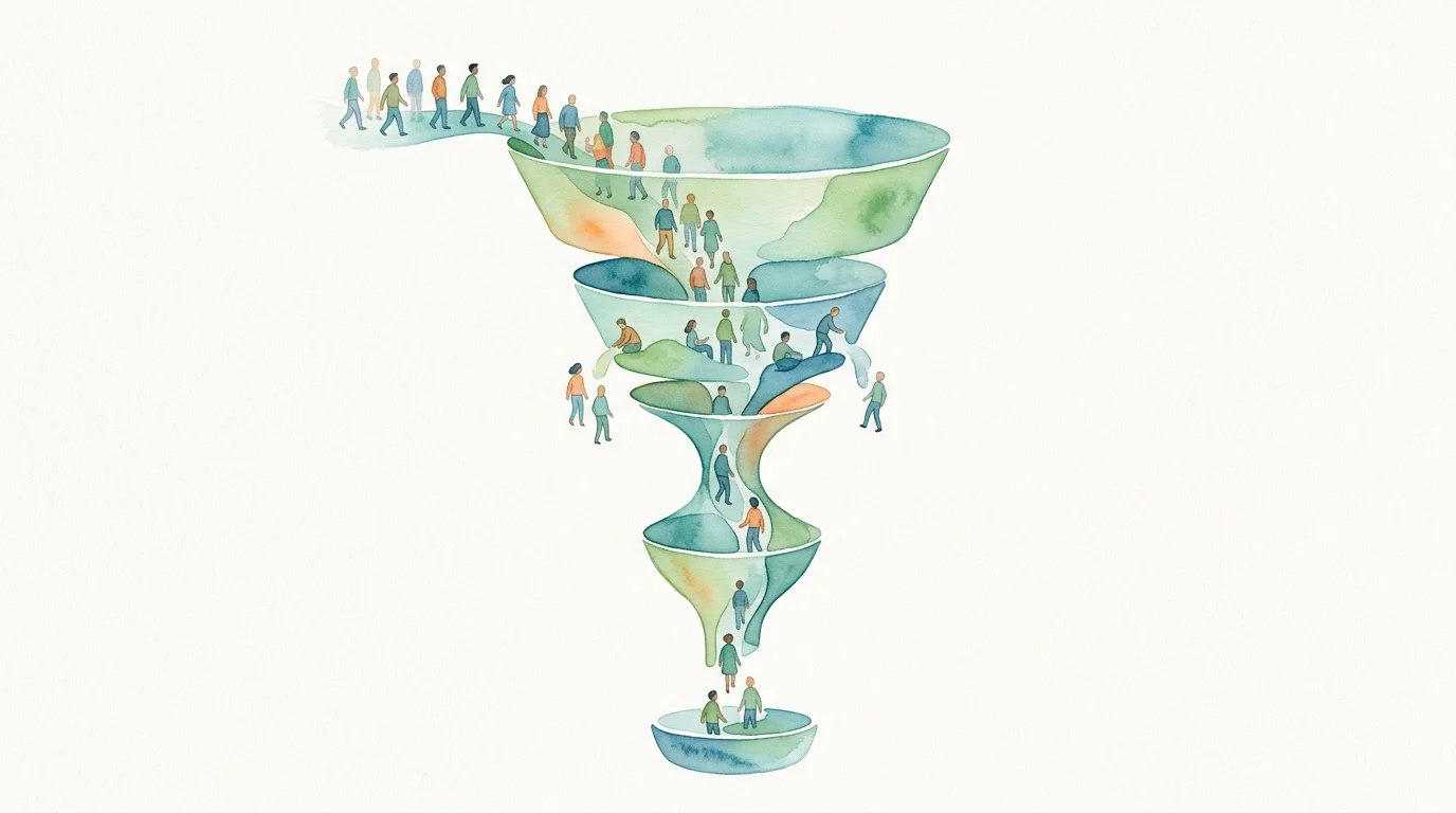 Opening visual: A clean editorial funnel diagram showing a visitor moving from a campaign landing page through pricing, signup, and activation, with one narrowing stage that makes the drop-off visible.