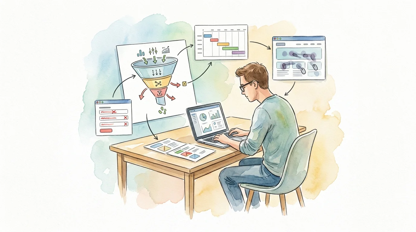Diagnosis visual: A marketer at a laptop cross-checking one funnel leak with a form error, a page timeline, and a masked session replay.
