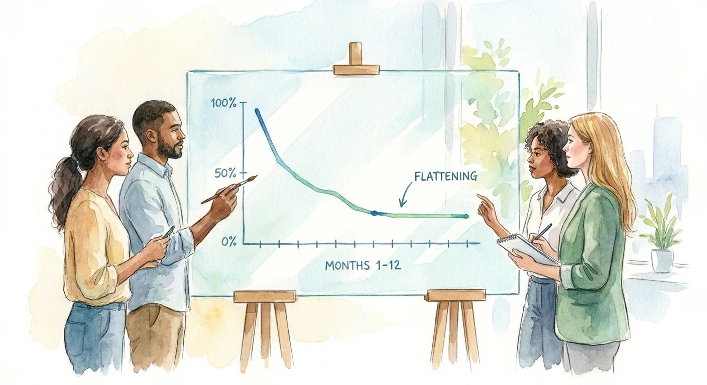 A diverse startup team analyzing a large glass whiteboard that displays a flattening cohort retention curve line graph.