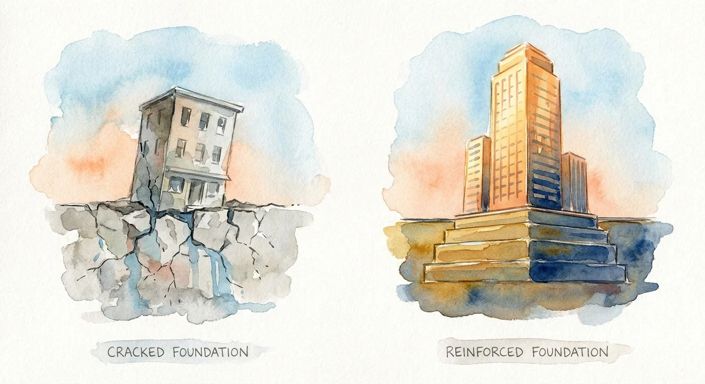 A side-by-side conceptual illustration showing a cracked building foundation on the left and a reinforced, solid foundation supporting a skyscraper on the right, representing premature scaling versus strong product-market fit.