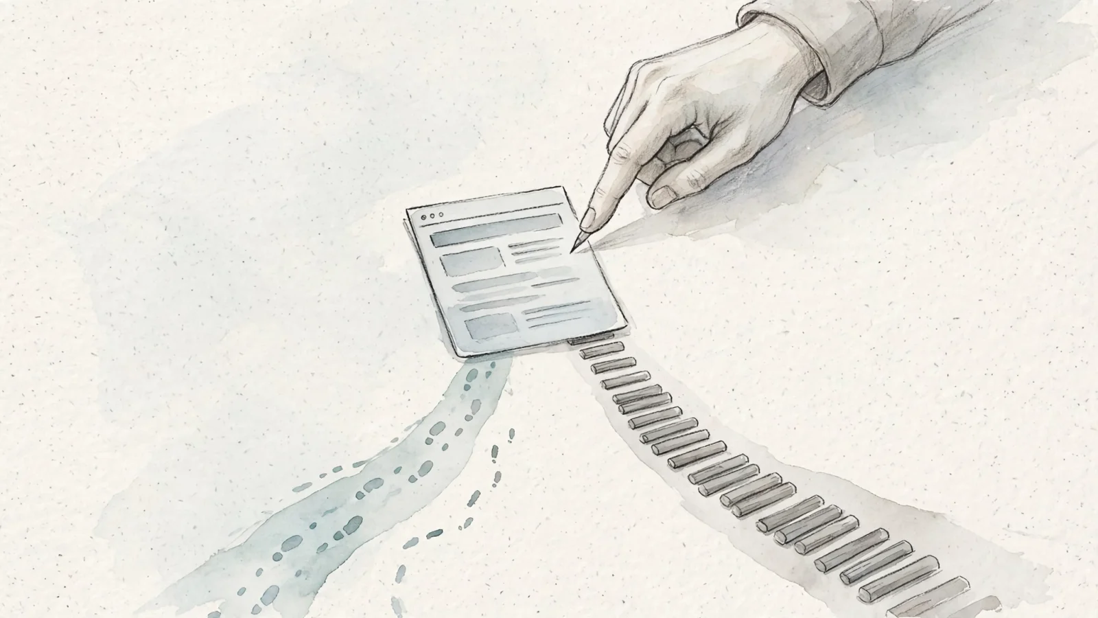 An editorial scene of a marketer tracing a Claude citation to a browser landing page, with separate paths for an unattributed visit and an automated server request; no readable text.