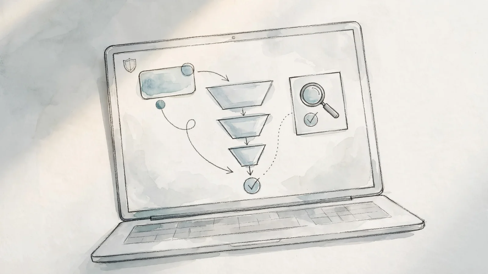 A privacy-focused analytics workspace on a laptop where a highlighted Claude segment flows from an entry page through a signup funnel; no readable text.