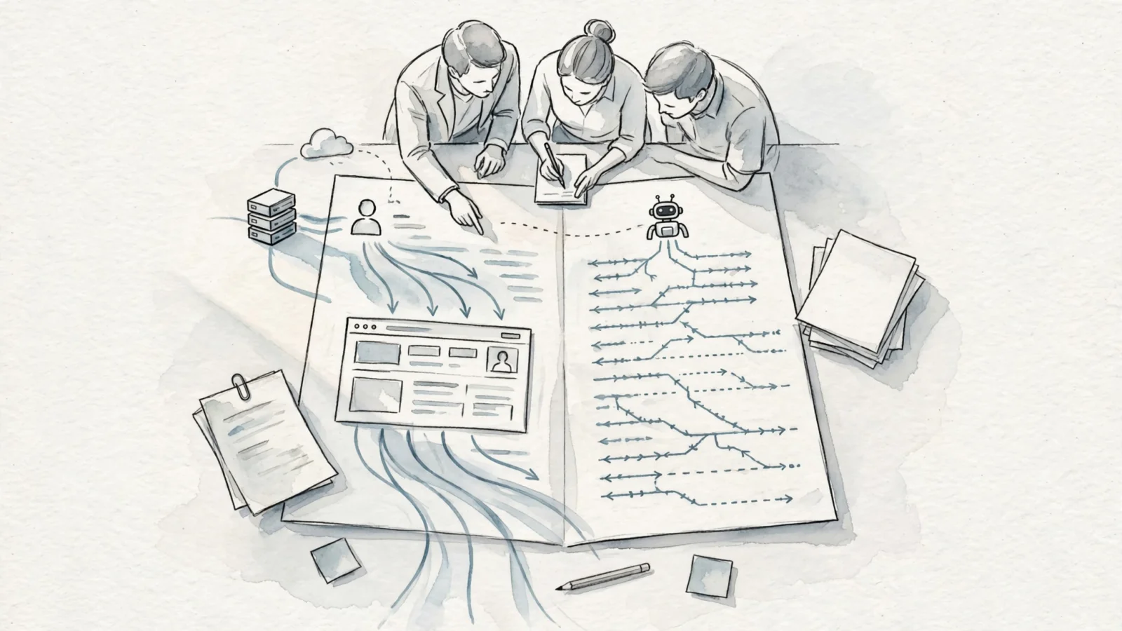 A website operations team examining server and CDN logs while distinct Anthropic bot requests remain separate from a human browser session; no readable text.