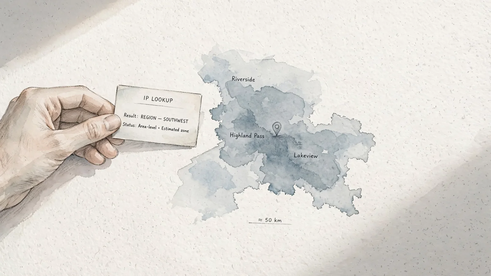 A reader checks an IP lookup beside a map shaded across a broad region rather than a house-level pin, conveying approximate location with no readable text.