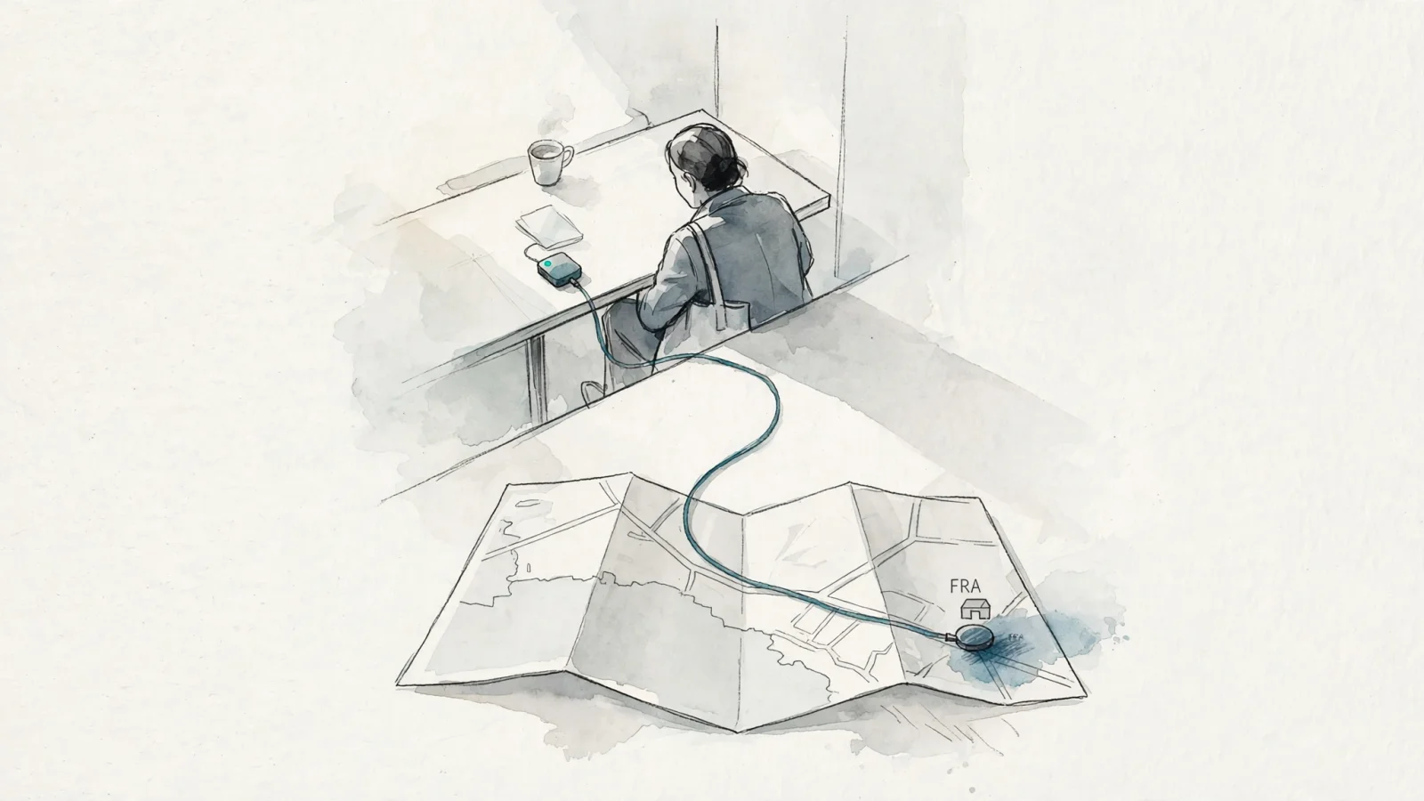 A commuter connects through a VPN from a café while a map highlights the remote server city rather than the commuter's location, illustrating why IP results can shift; no readable text.