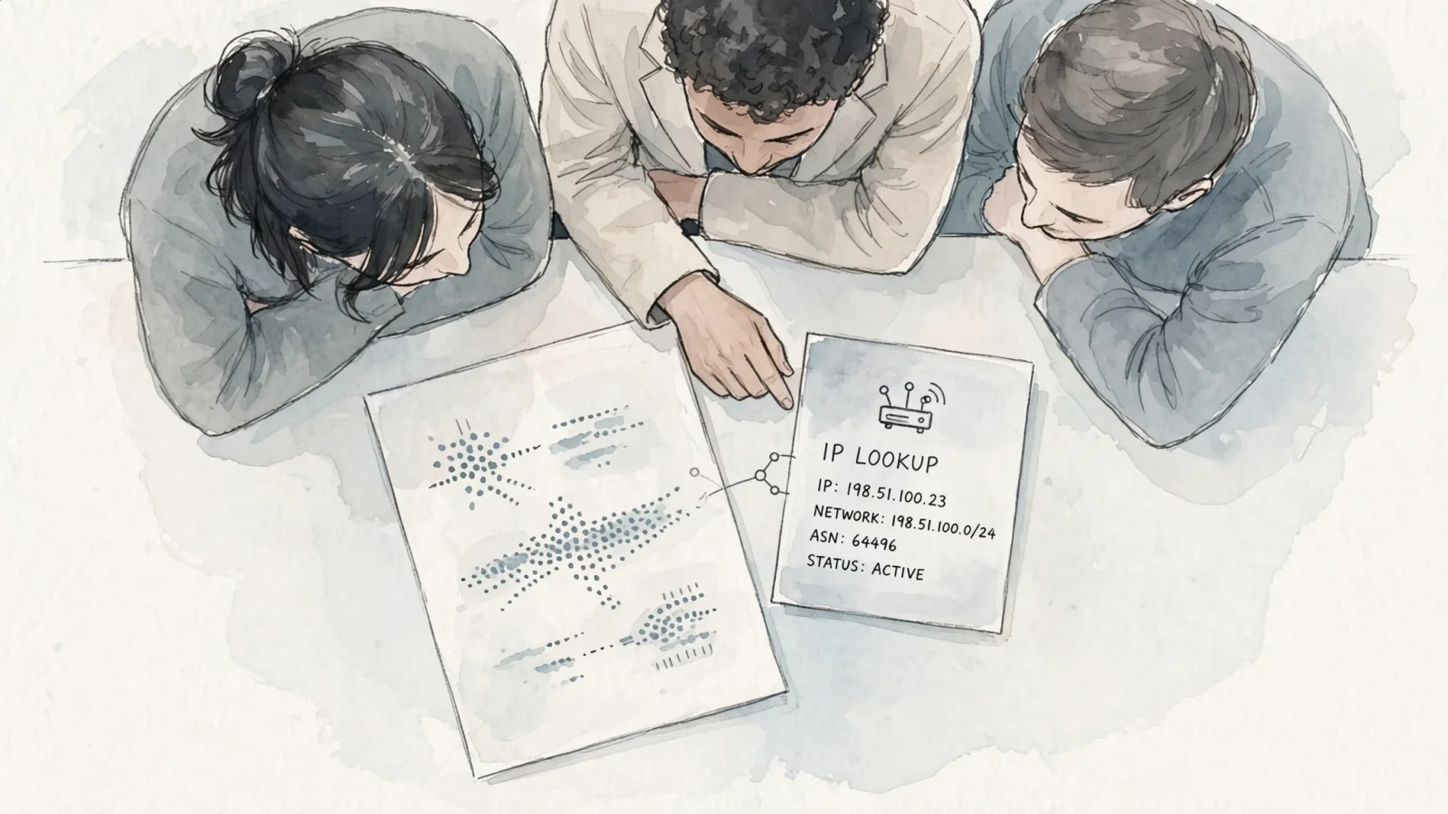 A small marketing team reviews an abstract site-analytics dashboard beside a single IP lookup result, contrasting campaign patterns with one address's network context, with no readable text or logos.