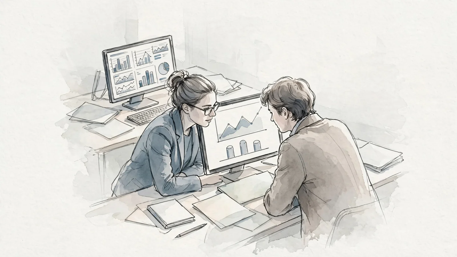 Beside the access-model section, show an agency analyst and client reviewing an aggregate traffic summary on a shared screen while deeper analytics remain on a separate workstation, without readable text or logos.