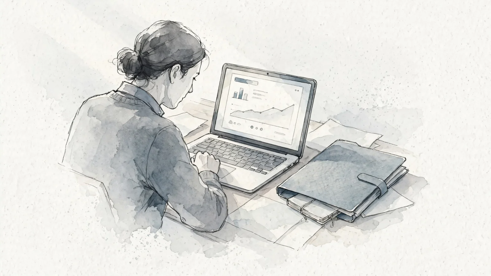 Beside the metrics section, show a website publisher preparing a simple public traffic summary while keeping session-level records and detailed campaign data in a closed folder, without readable labels.