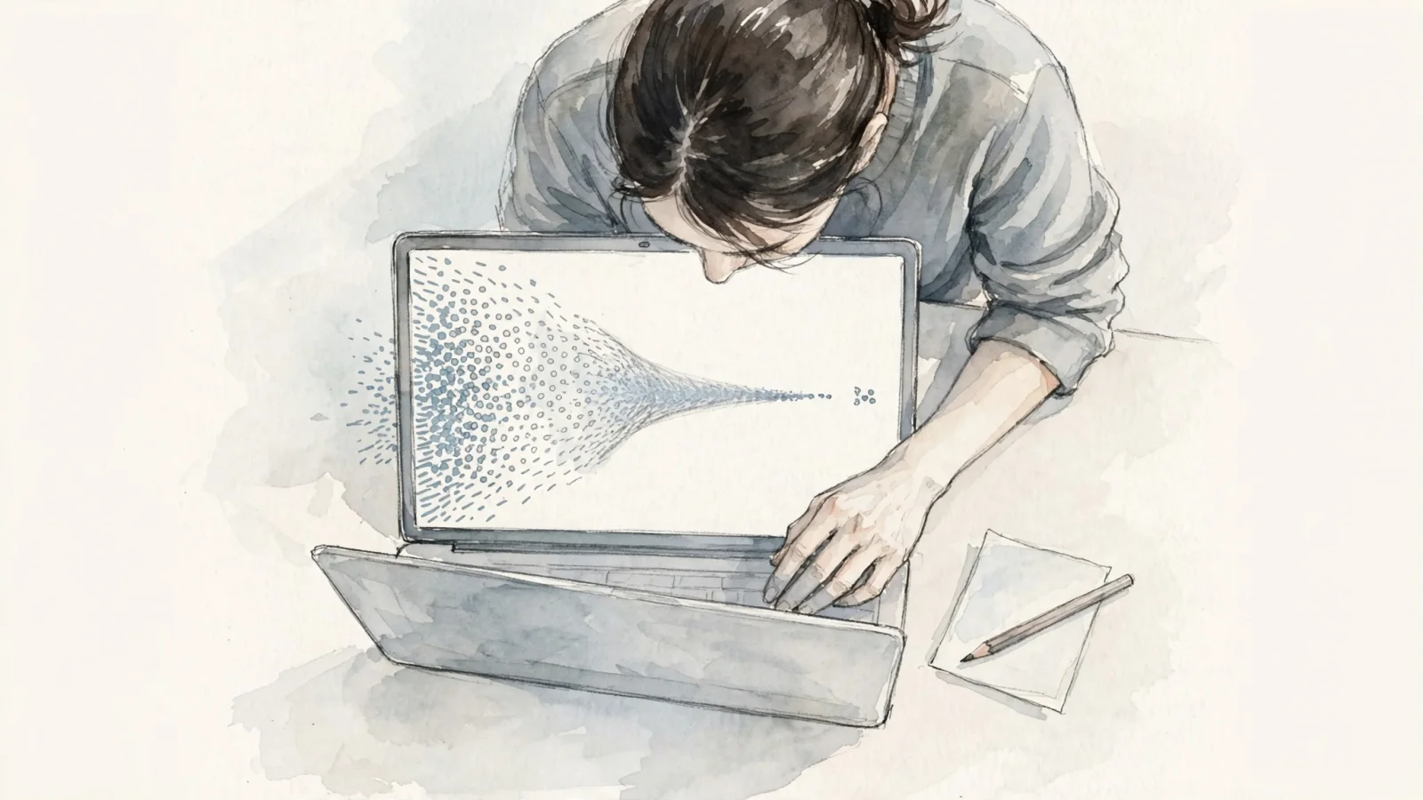 For the outcomes section, show a marketer reviewing a referral-to-signup funnel with many incoming visits and fewer completed sign-ups, without fabricated numbers or readable labels.