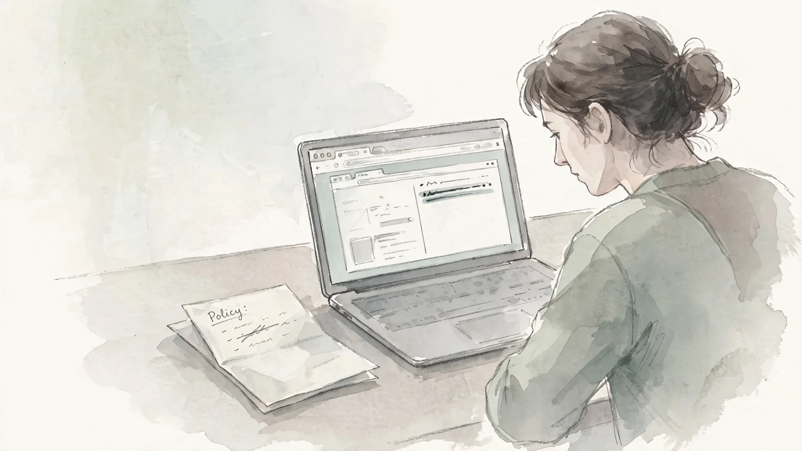 A website owner checks a page's actual browser response at a laptop beside the site's configuration, making the difference between a live header and a draft policy tangible.