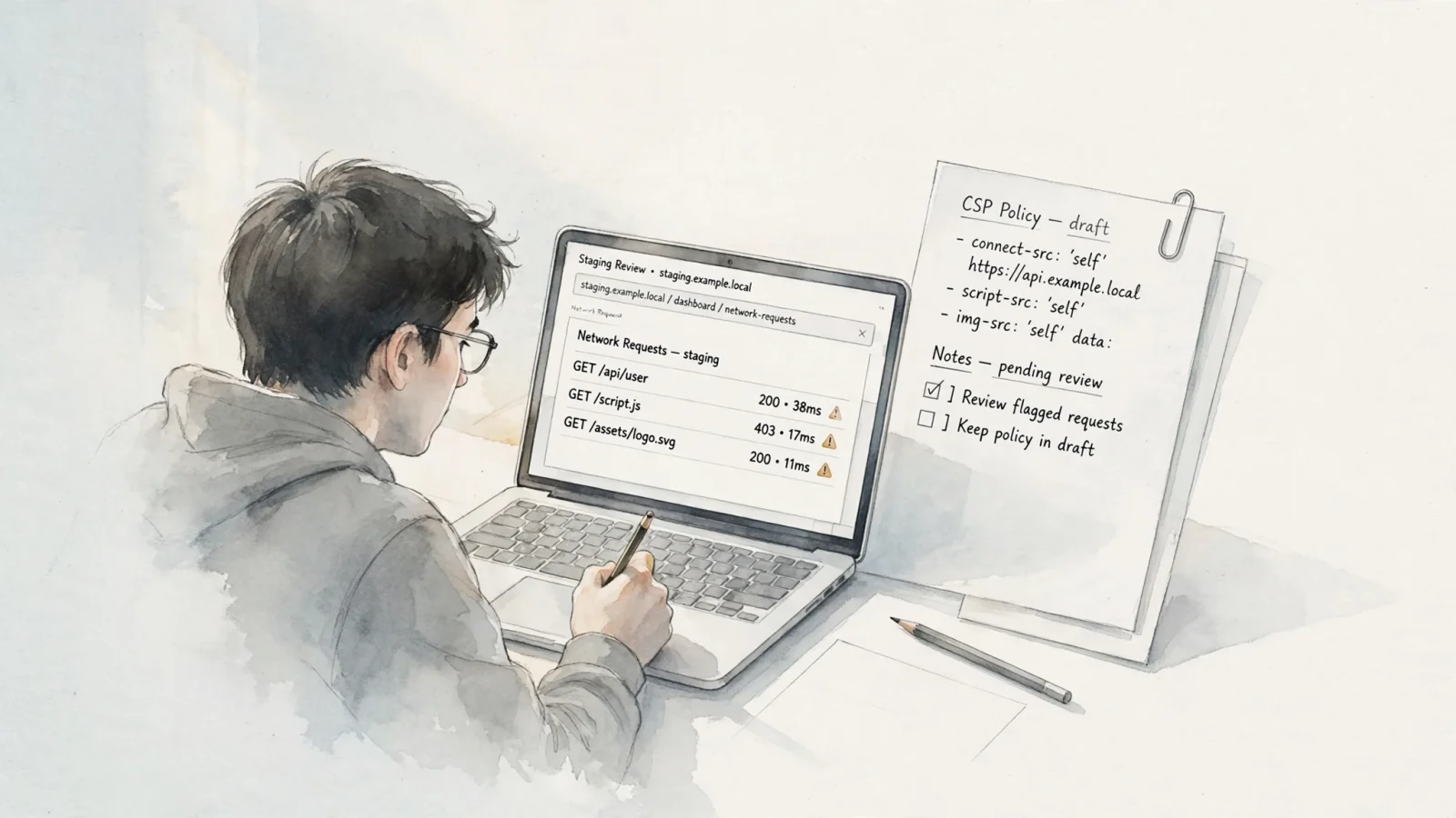 A developer reviews a handful of blocked-request alerts in a staging environment before applying a new browser policy across the site, conveying report-only testing.