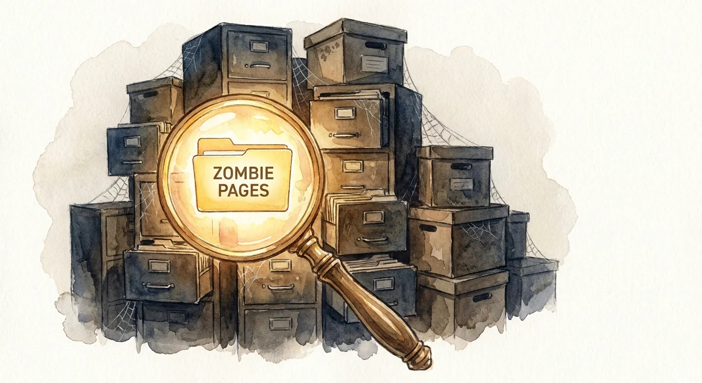 A magnifying glass focusing on a single glowing digital folder among a massive, dark pile of dusty, cobweb-covered file cabinets.