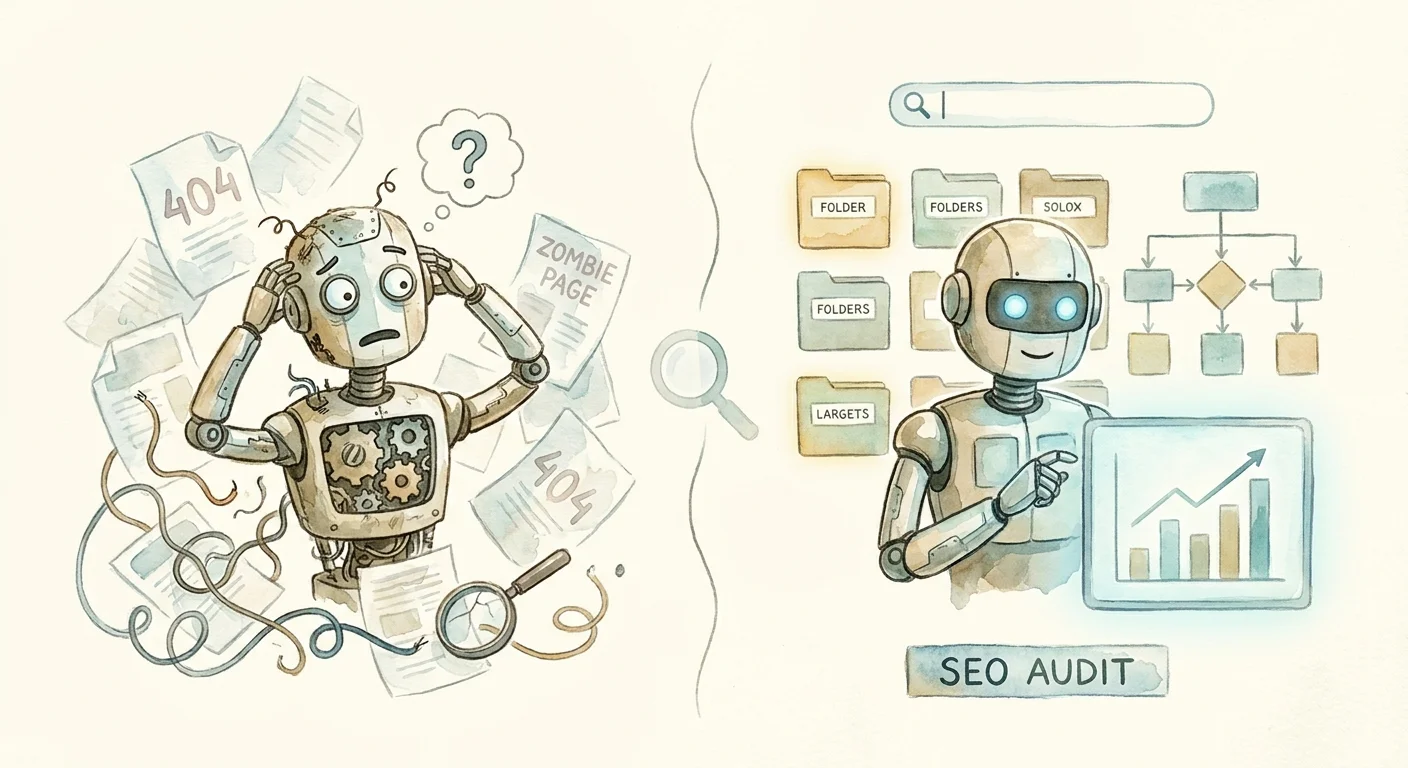 A split-screen illustration showing a confused robot surrounded by chaotic, scattered holographic documents on one side, and a streamlined, organized digital library on the other.