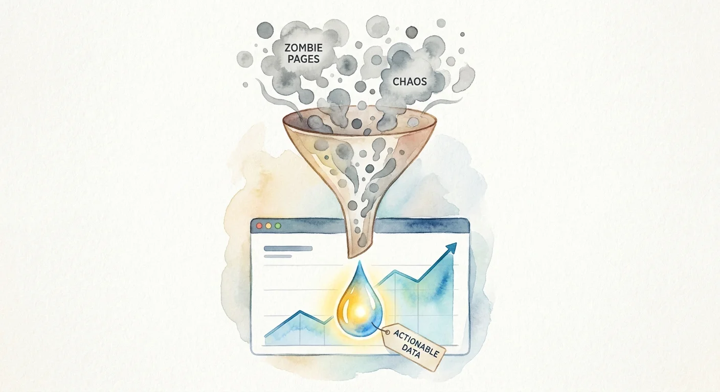 A modern analytics dashboard chart overlaying a massive funnel, filtering out a chaotic cloud of grey dots into a single, bright drop of actionable data.