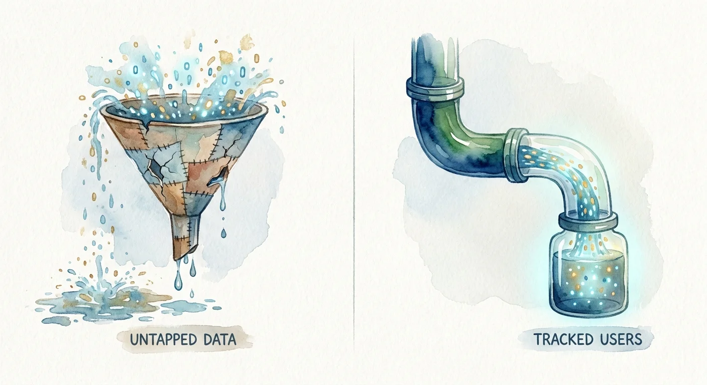 A split-screen visual metaphor showing a leaky funnel spilling glowing data particles on the left, compared to a sealed, smooth data pipeline on the right.