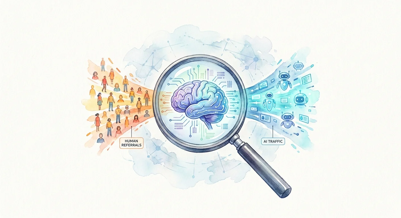 A stylized magnifying glass focusing on a futuristic robot brain, symbolizing the precise filtering of AI search traffic from human referrals.