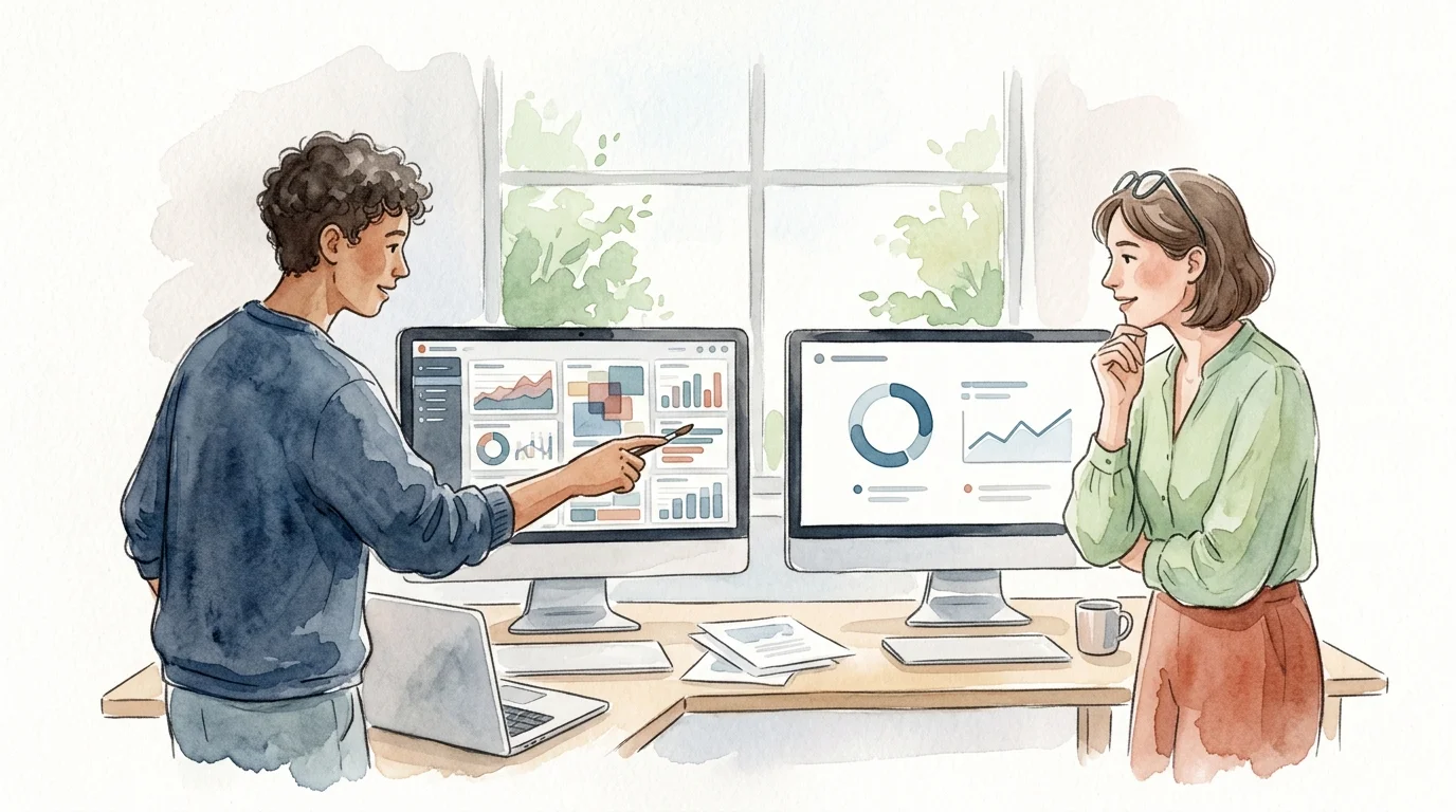 A product team with an engineer and marketer compares a broad analytics toolbox with a focused privacy-first dashboard on two monitors; request no readable text.