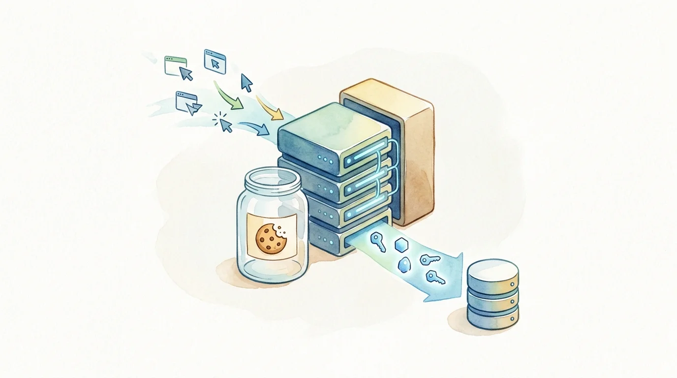 A clean data-flow illustration shows browser events moving to short-lived server-side anonymous identifiers and a self-hosted analytics stack, with an empty cookie jar and no labels or text.