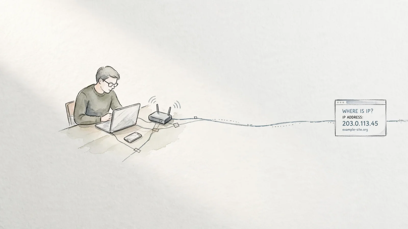 A home user with a laptop and phone connected through a Wi-Fi router toward a website, making the local network and public-facing connection clear without labels; no text.
