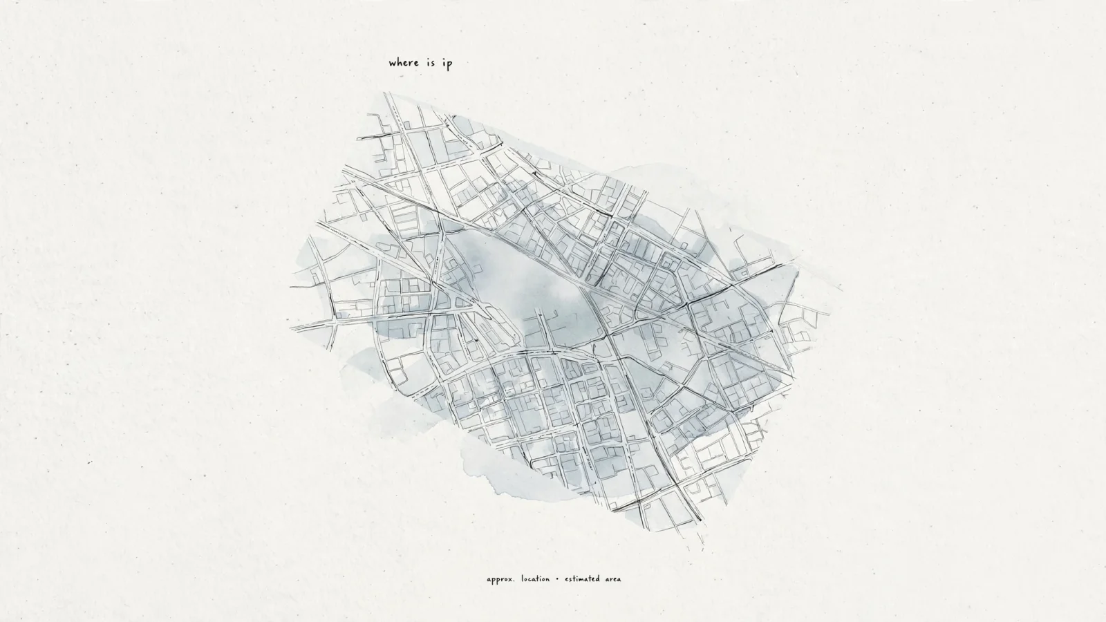A city map beneath a broad, soft-edged location highlight covering an area rather than a single home, conveying estimated network geography instead of a GPS pin; no text.