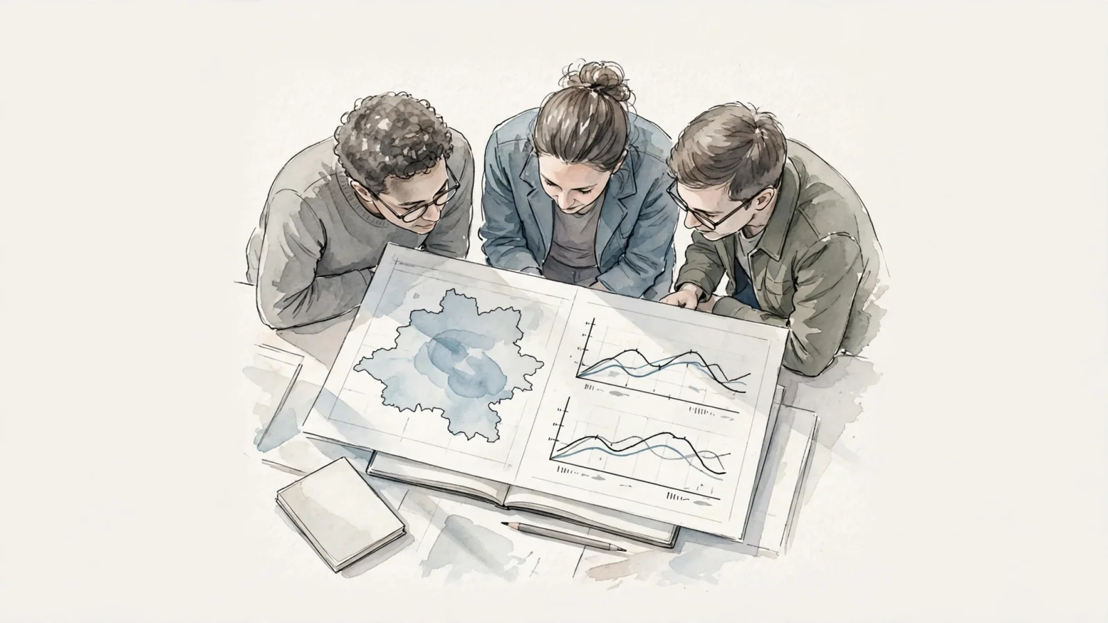 A small website team reviewing a generic analytics display with broad regional traffic patterns beside campaign and conversion trends, without an individual visitor pin or readable personal data.