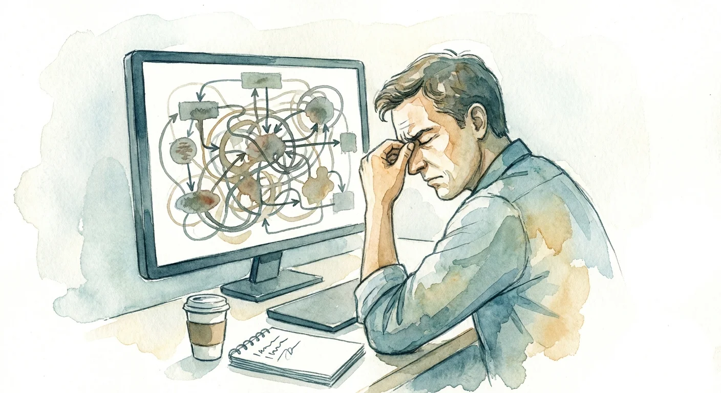A frustrated agency marketer rubbing their temples while looking at a complex, tangled flowchart on a computer screen.