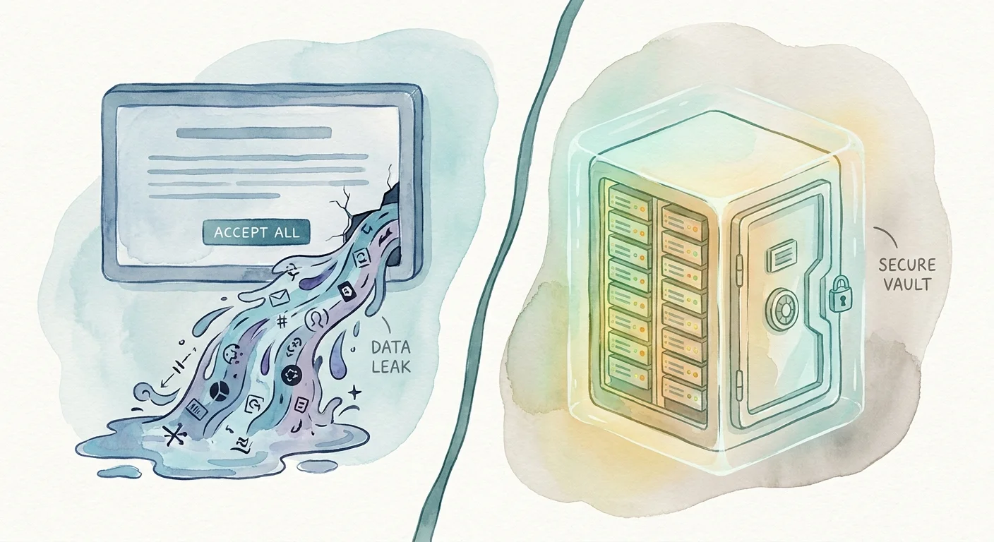 A split-screen visual showing a massive data leak pouring out of a generic cookie banner on one side, and a clean, secure server vault on the other.