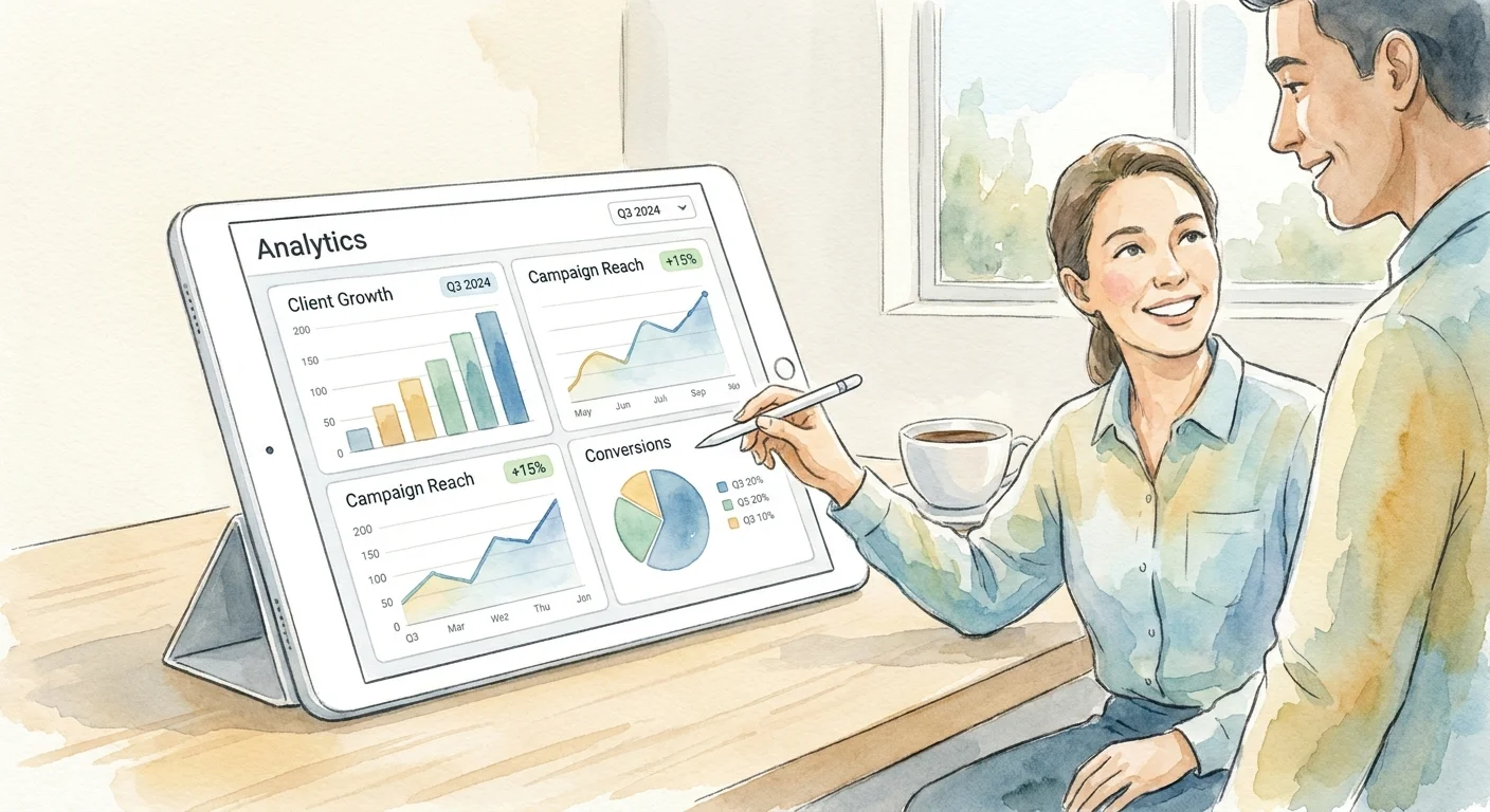 A sleek, white-labeled agency analytics dashboard on a tablet, showing clear charts and a smiling client reviewing the data.