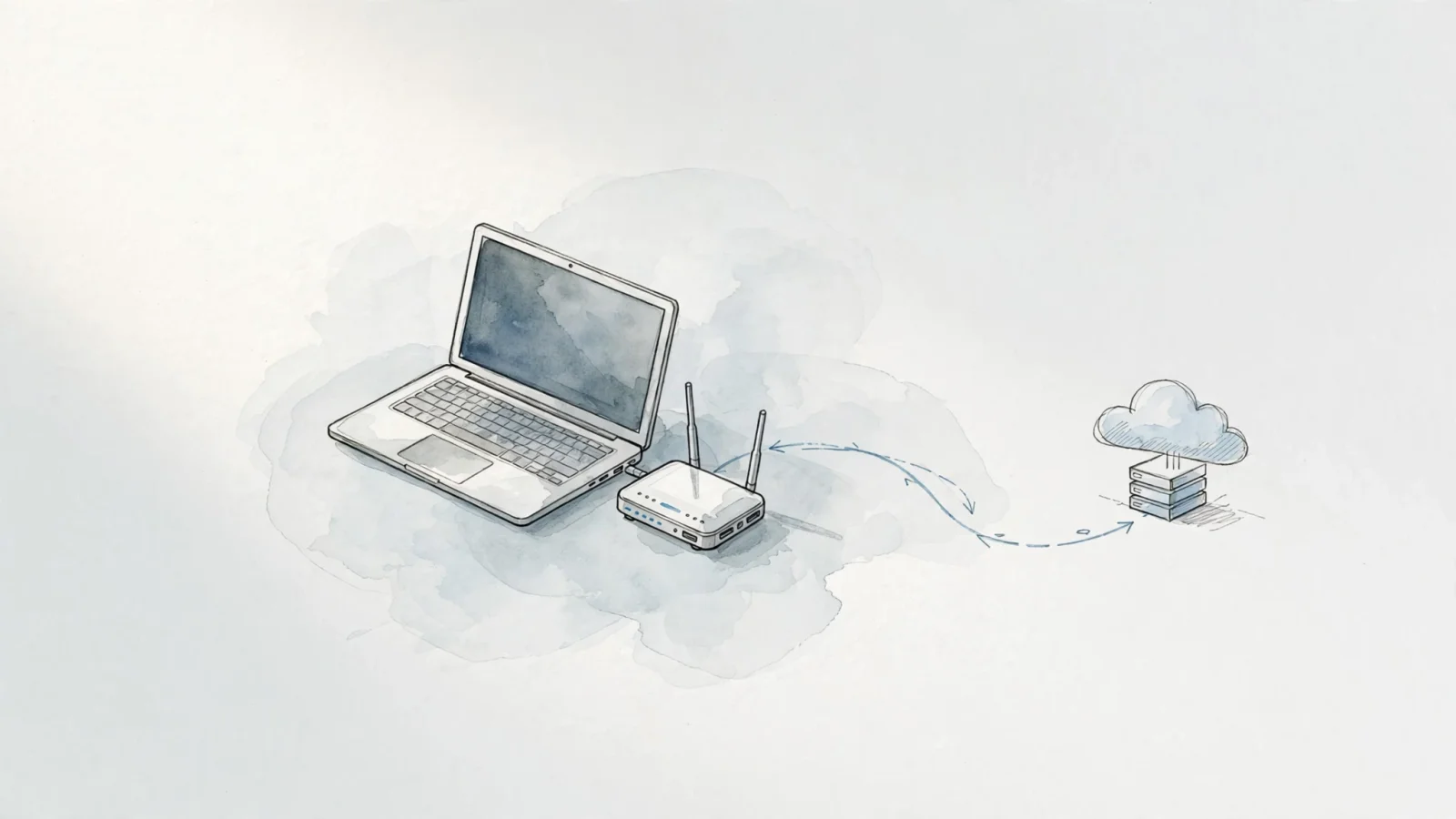 A clean editorial cutaway of a laptop and Wi-Fi router inside a local-network zone, with a contrasting route from the router to an outside web service to distinguish local and public addresses; no text.