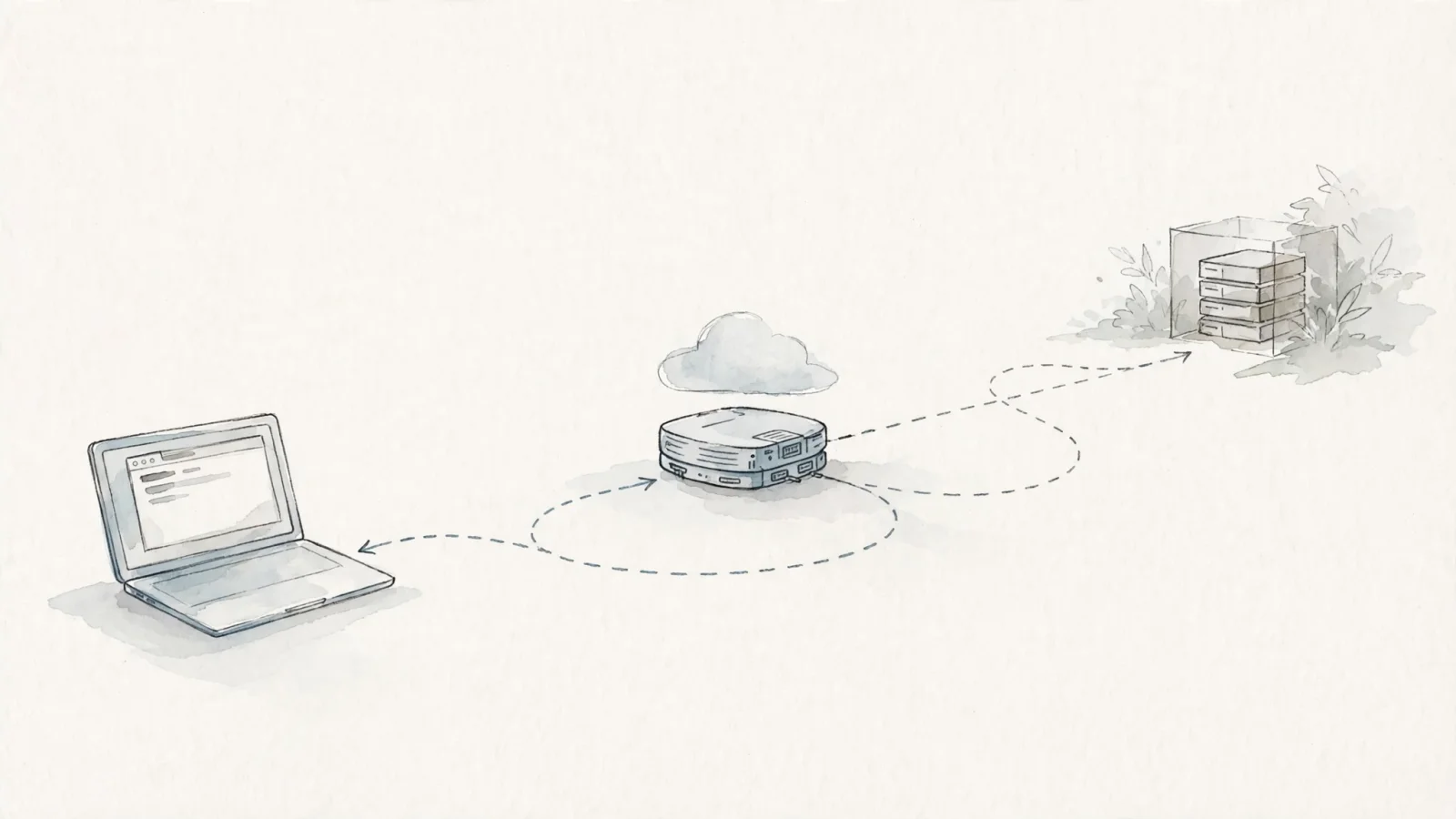 A website request traveling from a visitor through a visible CDN edge node toward an origin server partly obscured behind a shield, showing why DNS can return a proxy address instead of the origin; no text.