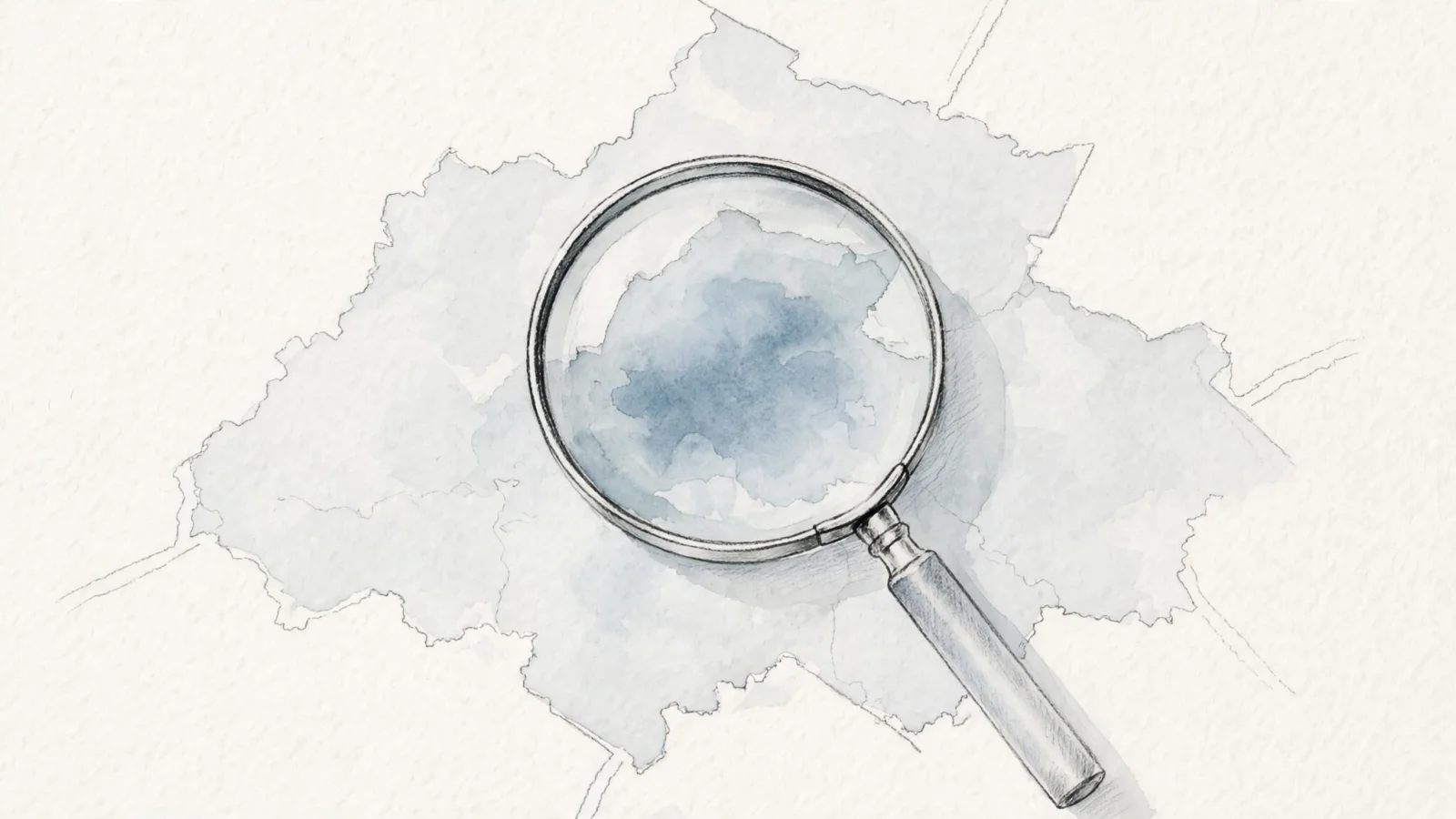 A regional map seen through a magnifier with a broad area highlighted but no home or street pinpoint, conveying why IP geolocation is approximate rather than an address locator; no text.